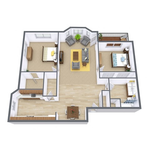 Floor plan for 2 beds, 1 bath, 975 sqft